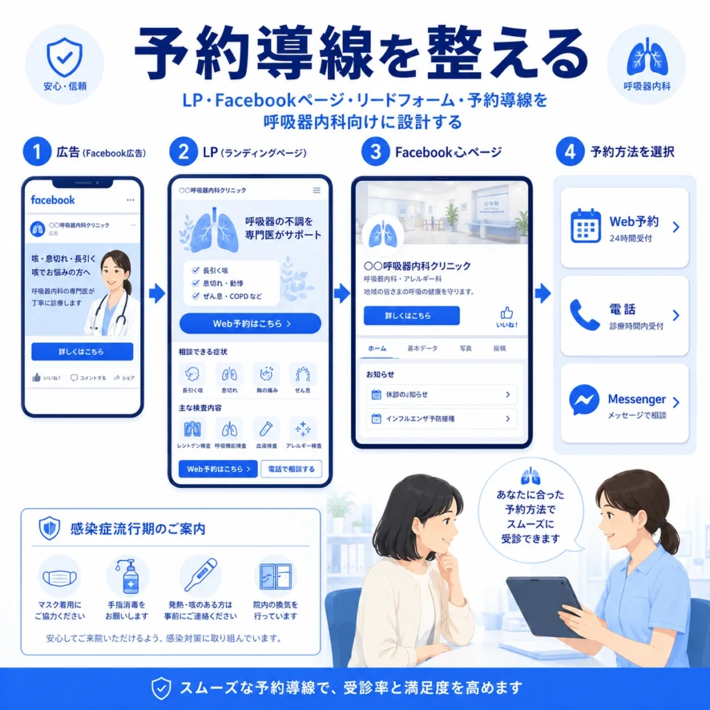 広告からLP、Facebookページ、Web予約や電話、Messengerへつなぐ予約導線を示すイラスト