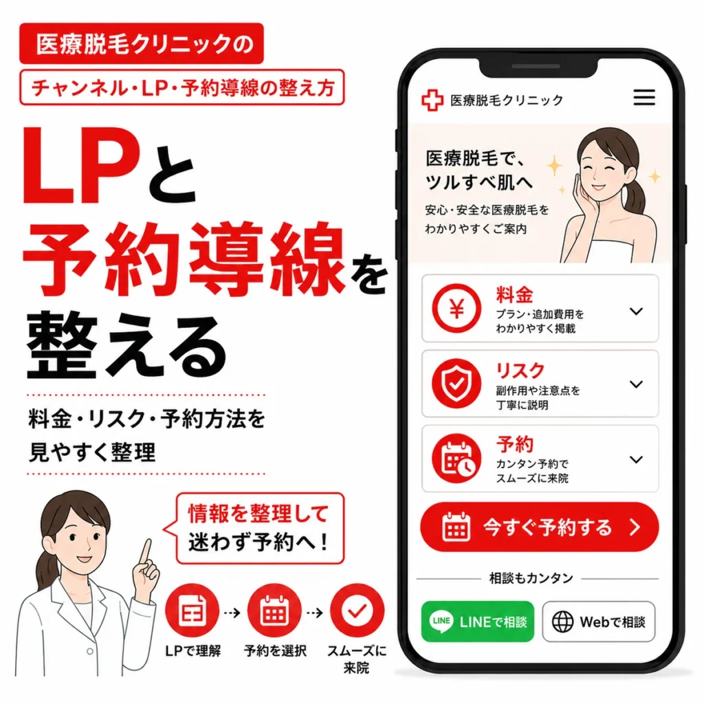 医療脱毛クリニックのLPと予約導線を整えて料金やリスクを見やすくする流れを示すイラスト