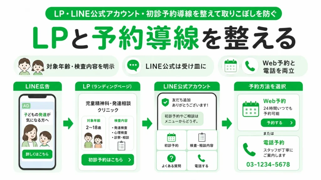 LPとLINE公式アカウントと初診予約導線を整えてWeb予約と電話予約へつなげる流れを示すイラスト