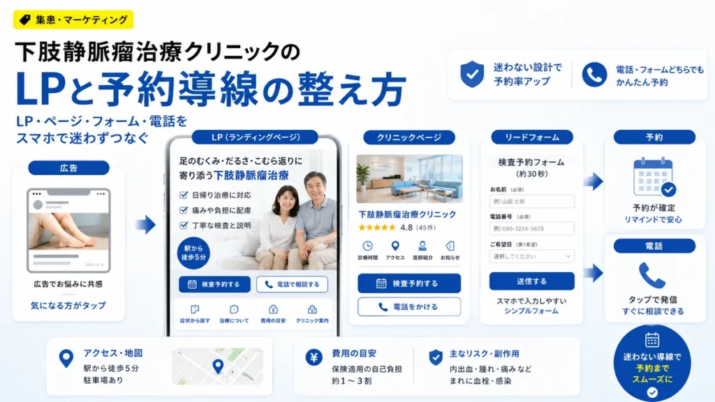 下肢静脈瘤治療クリニックのLP、Facebookページ、リードフォーム、予約導線をスマホでつなぐ流れを示すイラスト