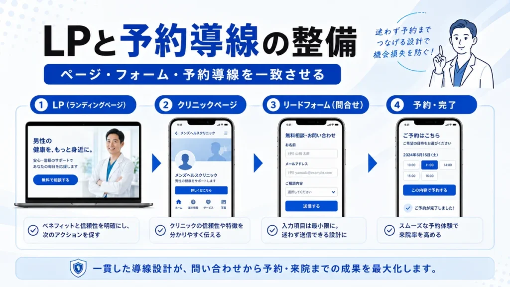 LPからクリニックページ、リードフォーム、予約完了までの導線整備を示すイラスト