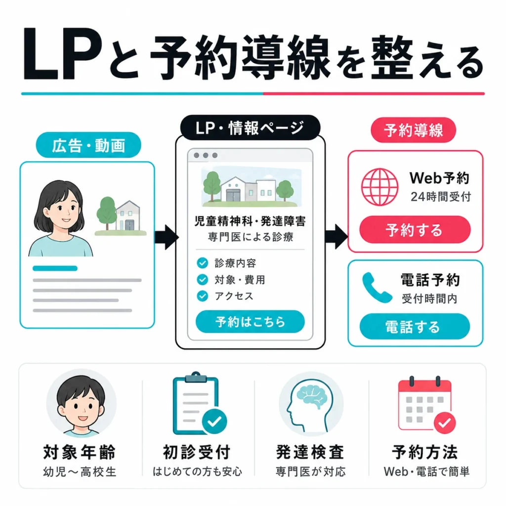 広告動画からLP情報ページを経てWeb予約や電話予約へつなげる導線を示すイラスト