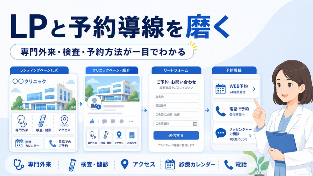 LPやFacebookページ、リードフォーム、予約導線を整えて受診につなげる設計を示すイラスト