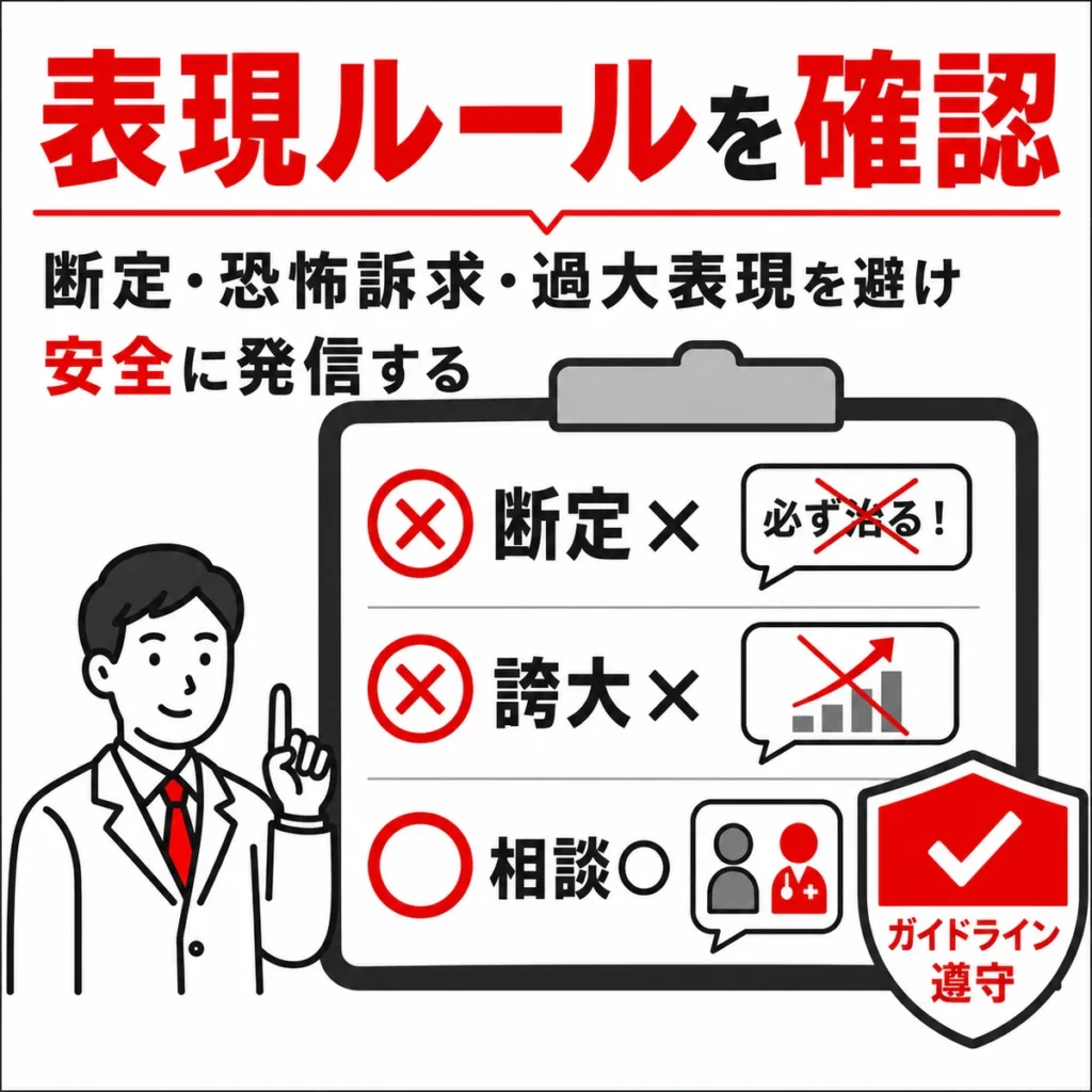医療広告ガイドラインに沿って断定表現や恐怖訴求、過大表現を避ける表現ルールを示すイラスト