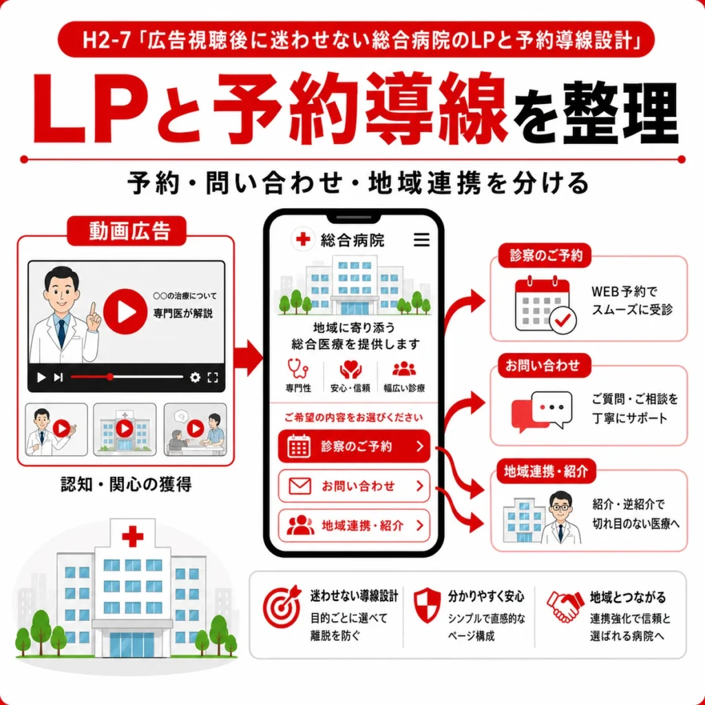 広告視聴後に迷わないLPと予約、問い合わせ、地域連携の導線設計を示すイラスト