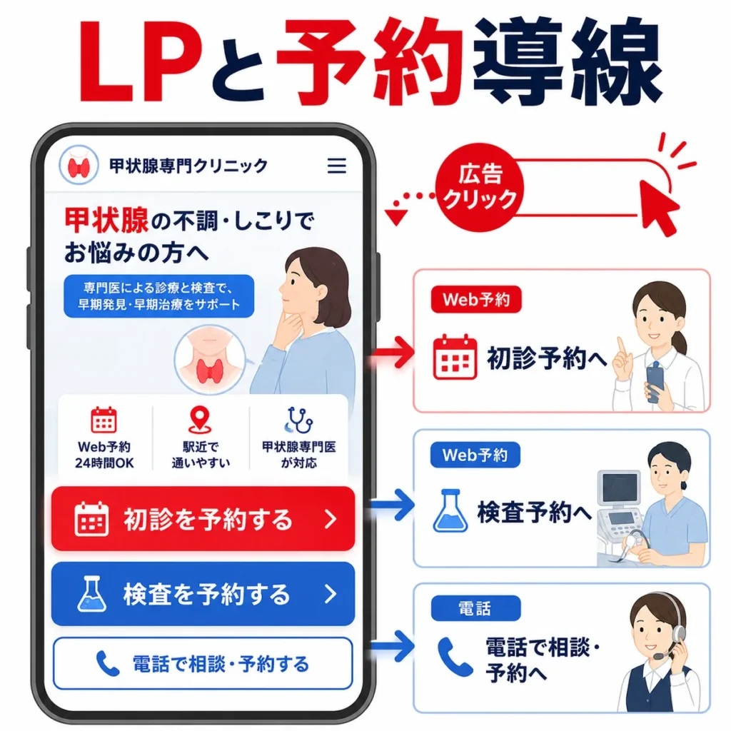 広告クリック後にLPから初診予約・検査予約・電話相談へつなげる導線を示すイラスト