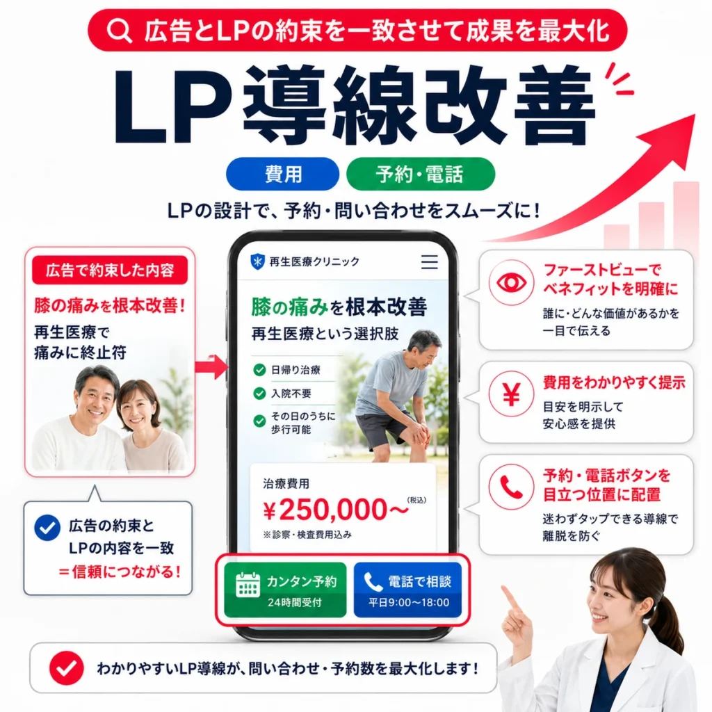 再生医療クリニックのLPと予約導線・電話導線の改善を示すイラスト