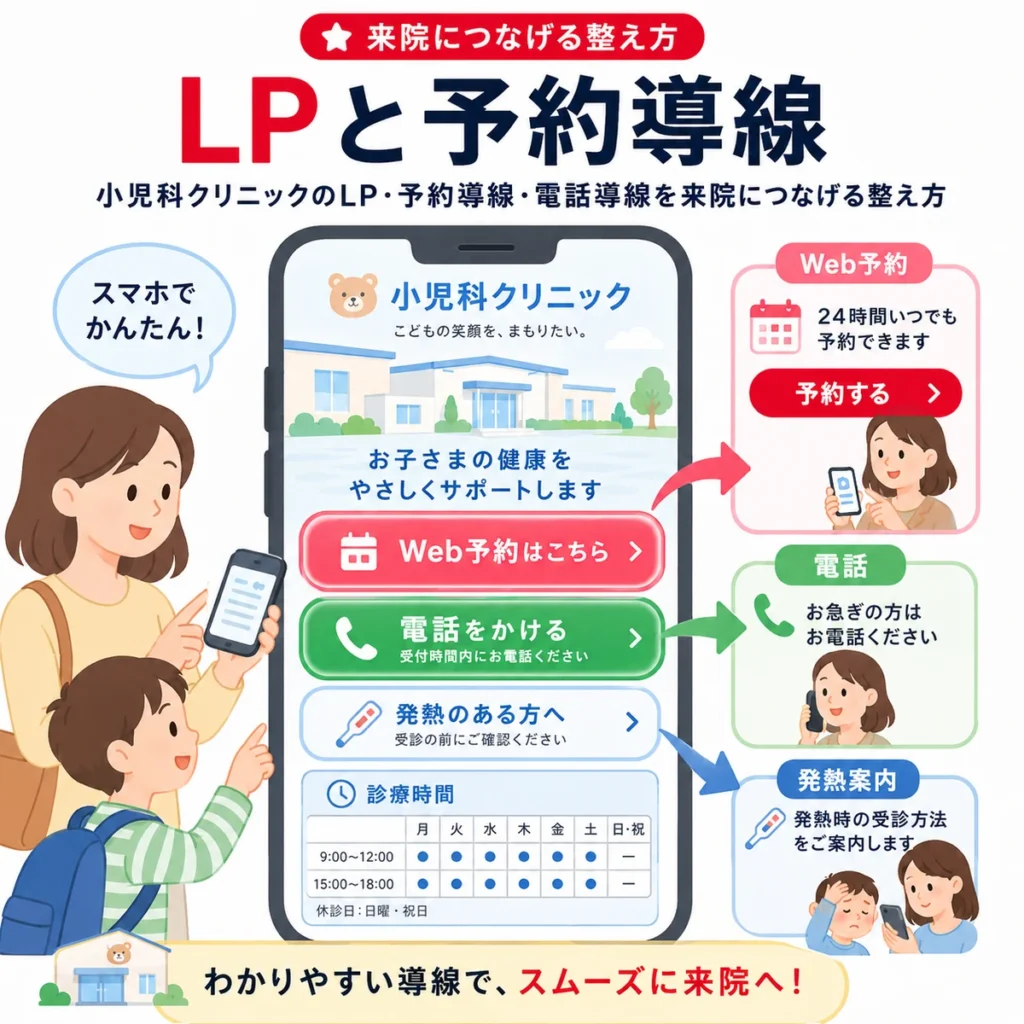 小児科クリニックのLPからWeb予約・電話・発熱案内へつなげる導線を示すイラスト