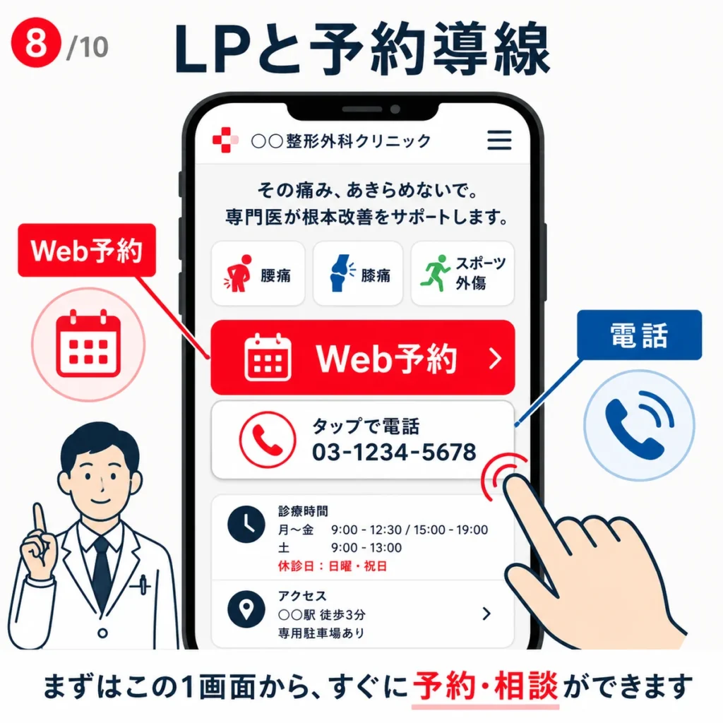整形外科クリニックのLPでWeb予約ボタンと電話導線を分かりやすく配置するスマホ画面のイラスト
