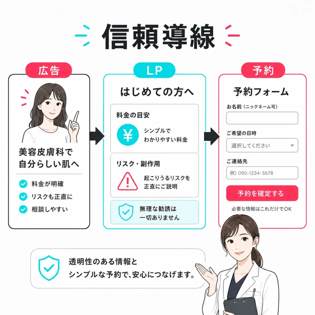 広告からLP、予約フォームまで信頼をつなぐ美容皮膚科の導線設計を示すイラスト