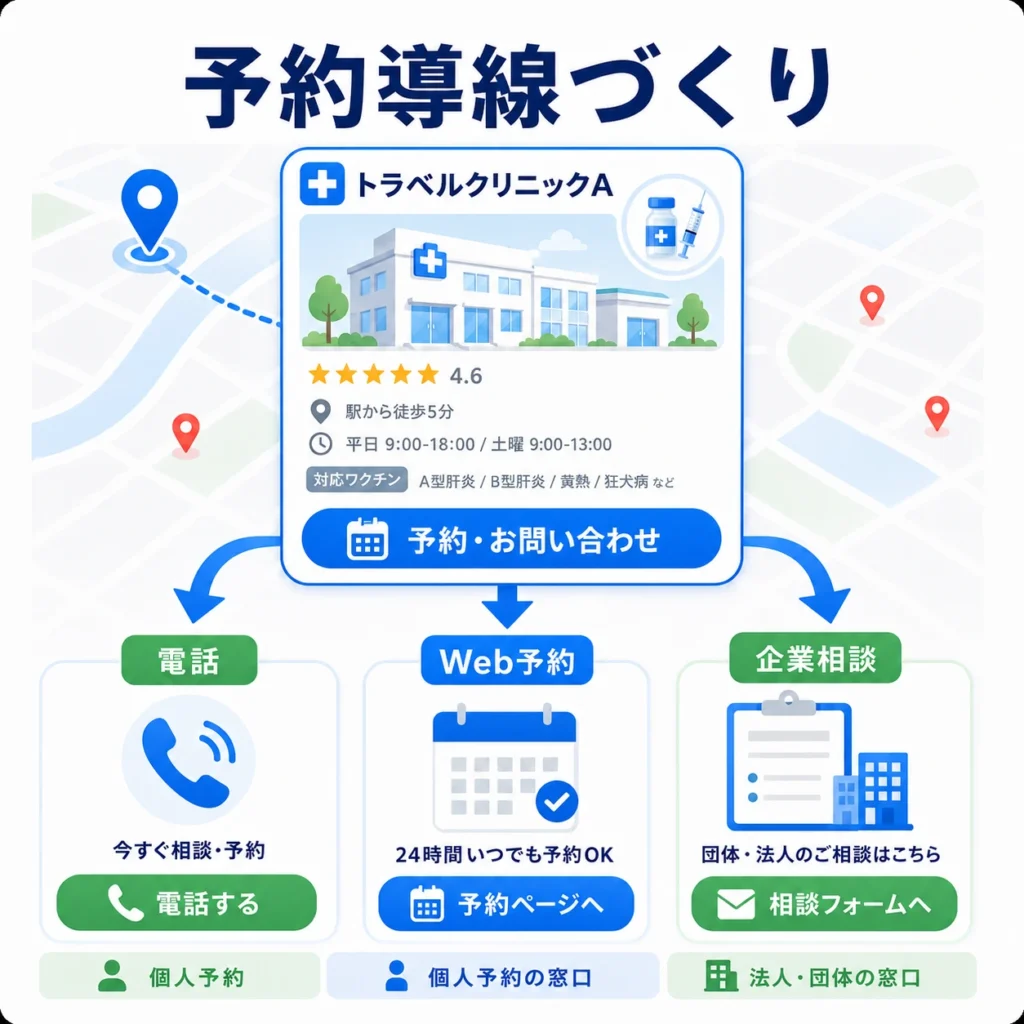 マップで見つけた人を電話・Web予約・企業相談へ迷わず誘導する導線づくりを示すイラスト