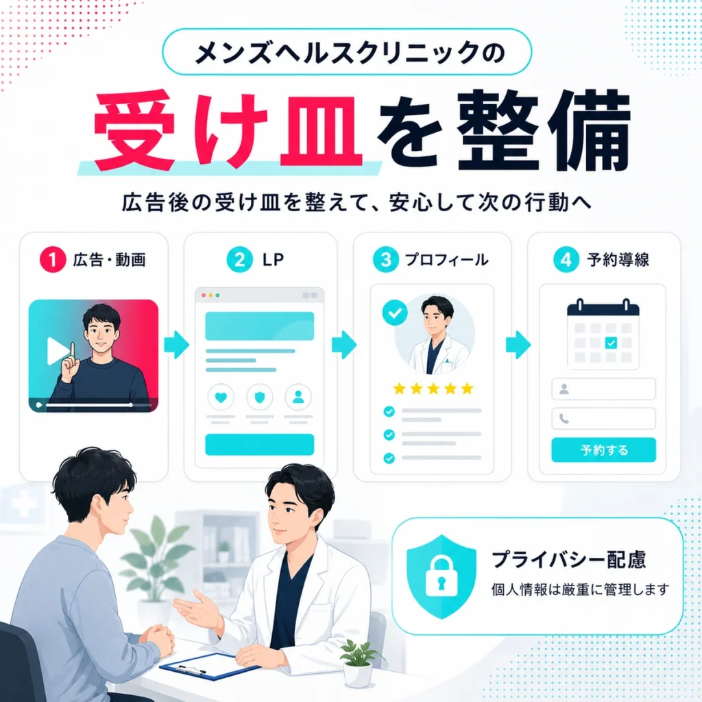 広告後のLP・プロフィール・予約導線を受け皿として整える流れを示すイラスト