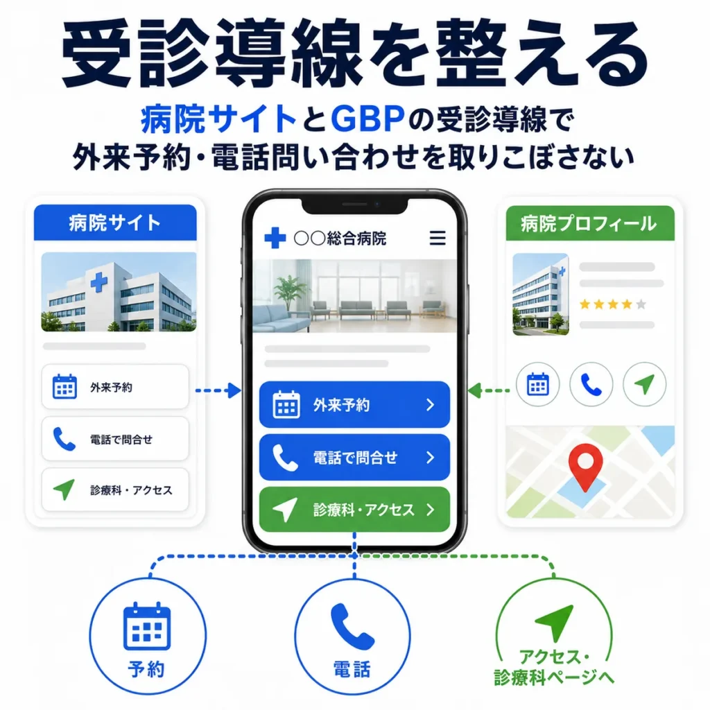 病院サイトとGBPから外来予約・電話問い合わせ・アクセスへ迷わず進める受診導線を示すイラスト