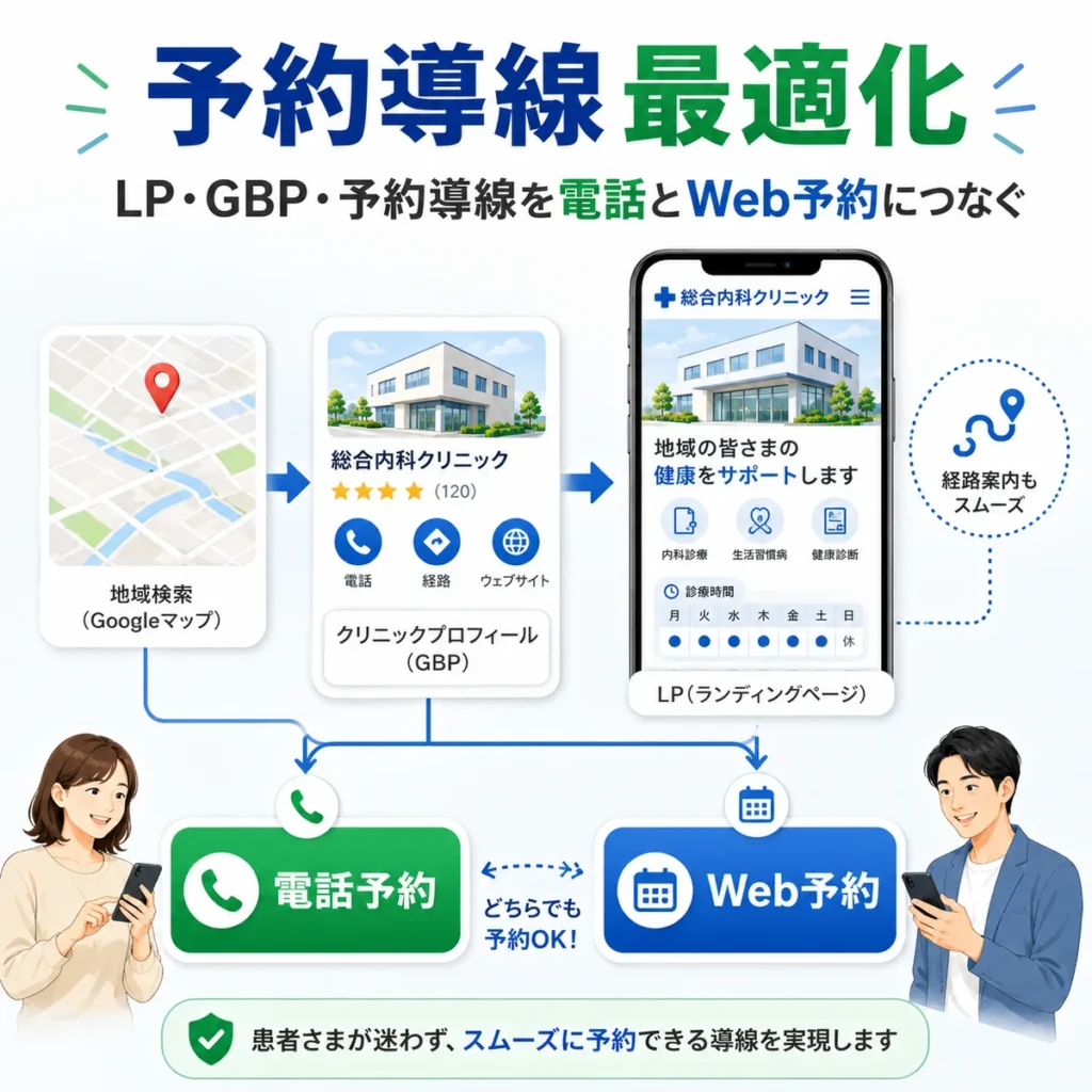 LPとGBPから電話予約とWeb予約へ迷わずつなぐ総合内科クリニックの予約導線イラスト