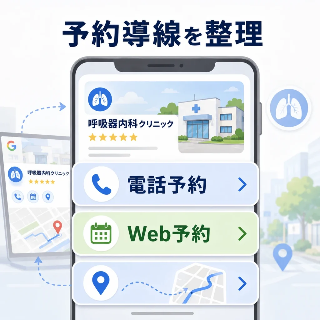 電話予約・Web予約・経路検索へ迷わず進める呼吸器内科の予約導線を示すイラスト
