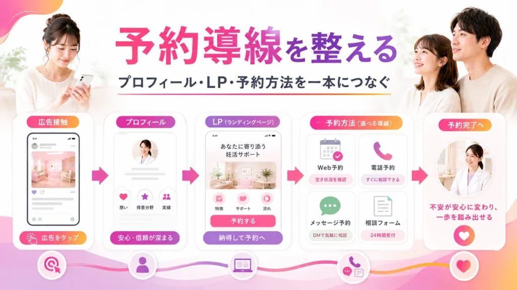 広告接触後にプロフィール・LP・予約へつなぐ導線イラスト