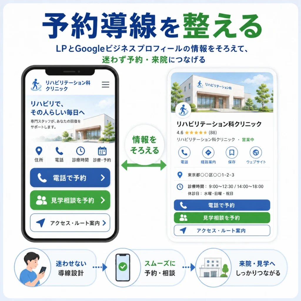 LPとGoogleビジネスプロフィールの情報をそろえて電話予約・見学相談・アクセス案内へ迷わせない導線を示すイラスト
