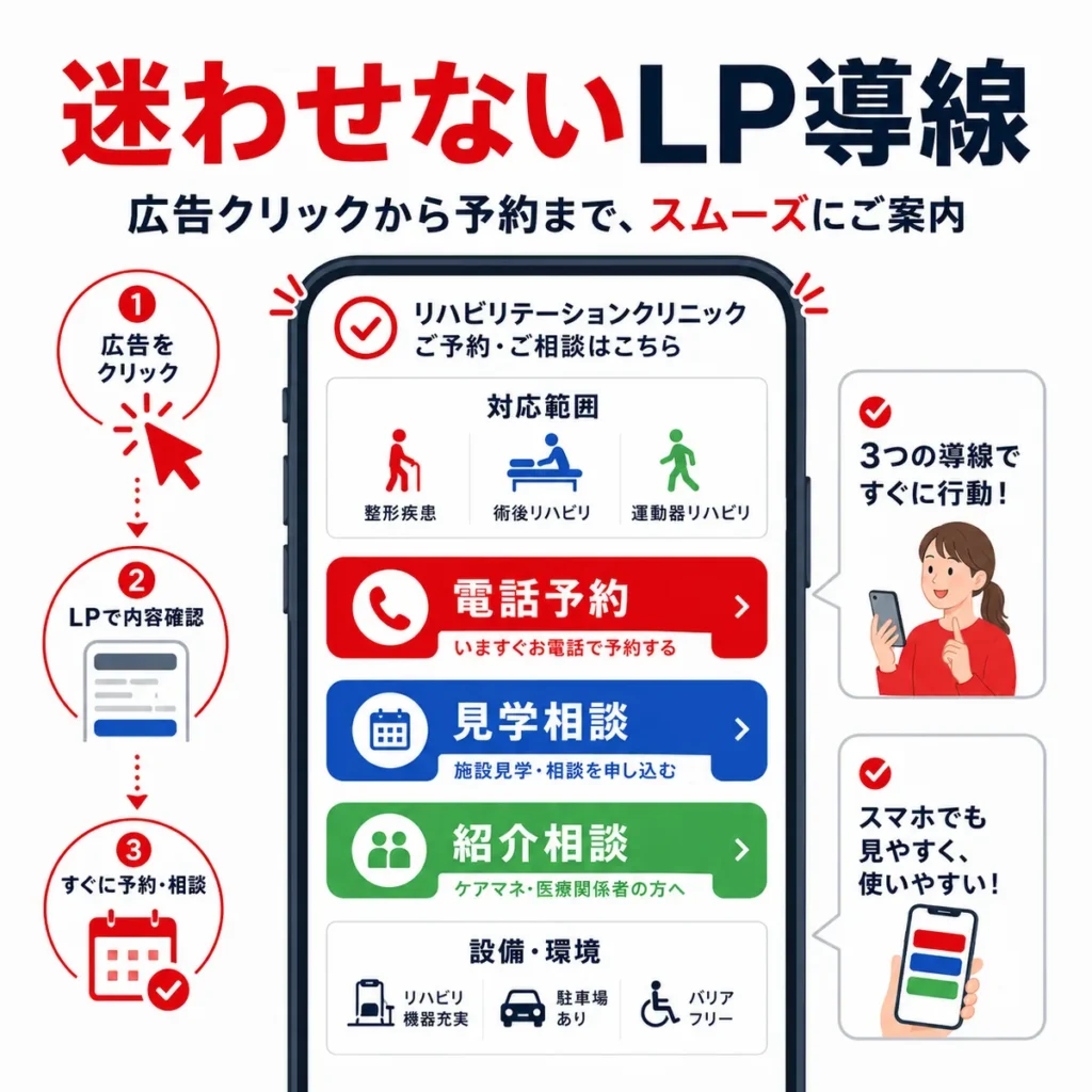 広告クリック後にLPから電話予約、見学相談、紹介相談へ迷わず進める導線を示すイラスト