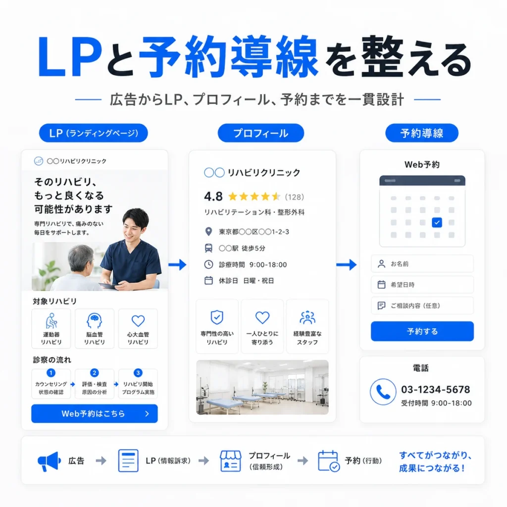 リハビリテーション科のLP、プロフィール、Web予約、電話導線を広告と一体で整える流れを示すイラスト