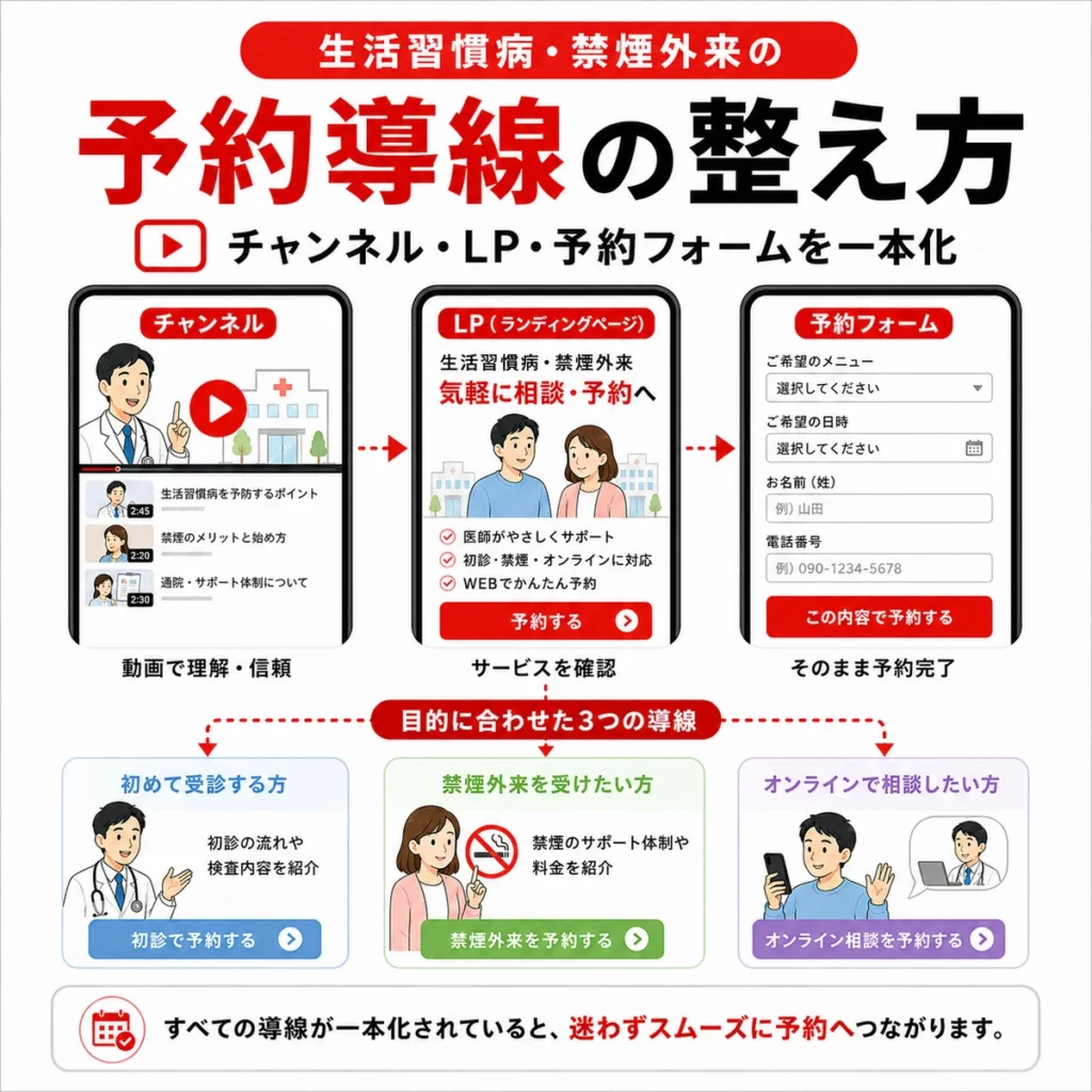 YouTubeチャンネル、LP、予約フォームを一本化して生活習慣病や禁煙外来の予約導線を整える流れを示すイラスト