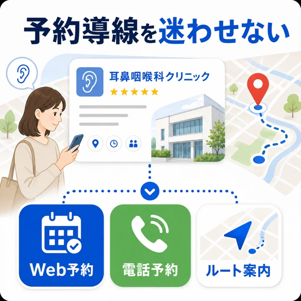Web予約、電話予約、ルート案内へ迷わず進める耳鼻咽喉科の予約導線設計