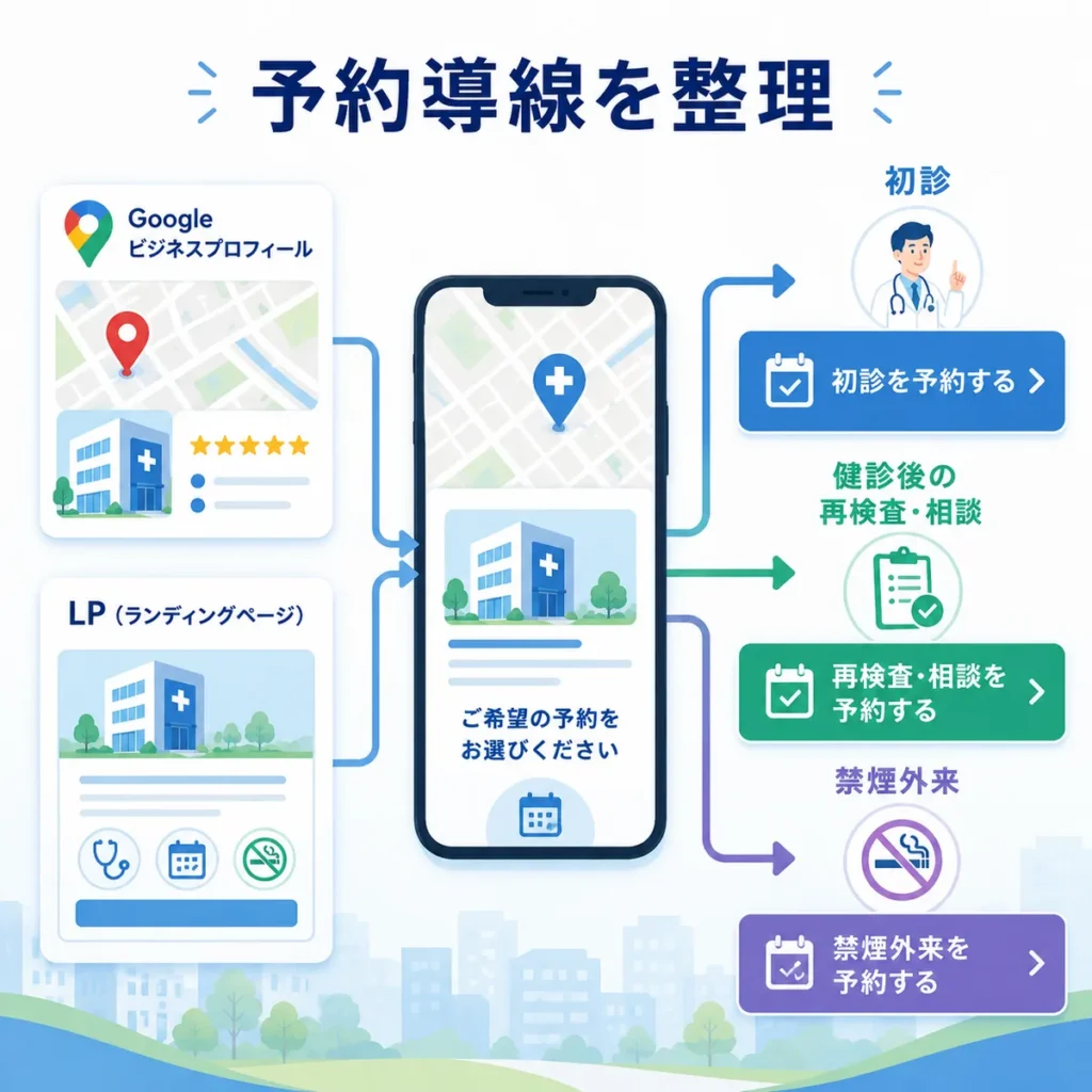 GBPとLPから初診・健診後相談・禁煙外来予約へつなぐ導線を整理したイラスト