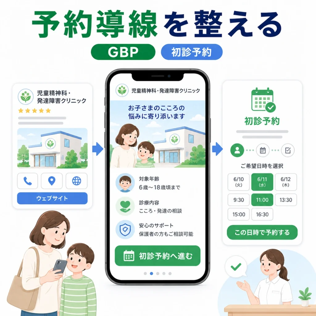 GBPからLP、初診予約まで保護者が迷わず進める予約導線を示すイラスト