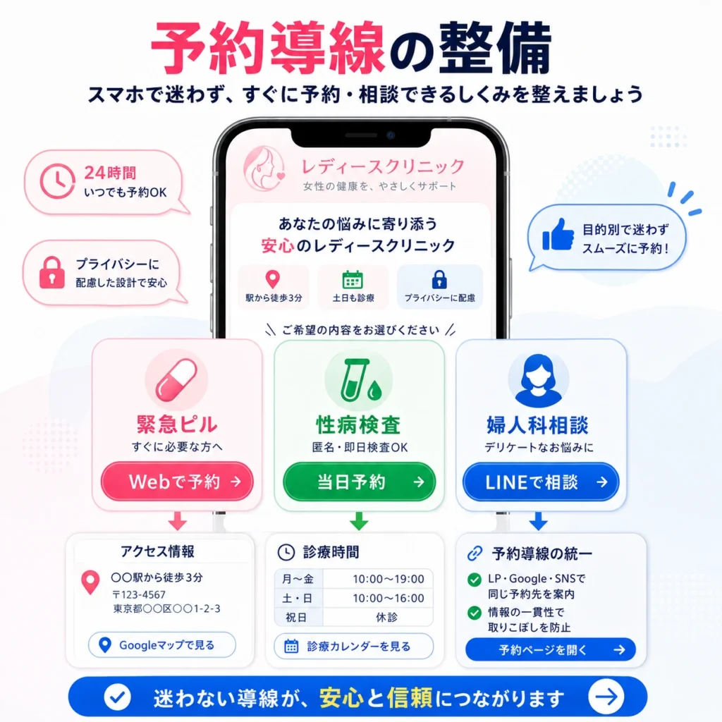 スマホで迷わず緊急ピル、性病検査、婦人科相談の予約や相談へ進める導線を示すイラスト