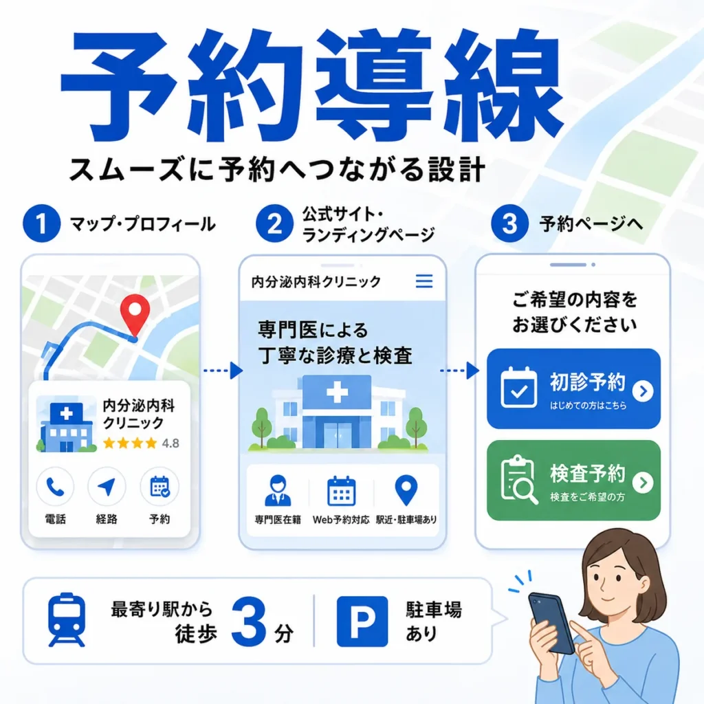 LPとGoogleビジネスプロフィールから初診予約・検査予約へつなげる導線を示すイラスト