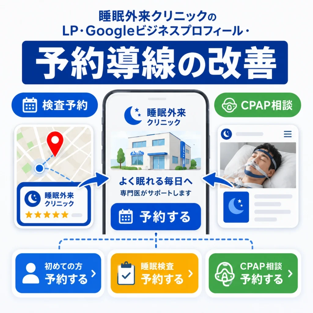 睡眠外来クリニックのLP・Googleビジネスプロフィールから検査予約やCPAP相談へ進む導線改善を示すイラスト