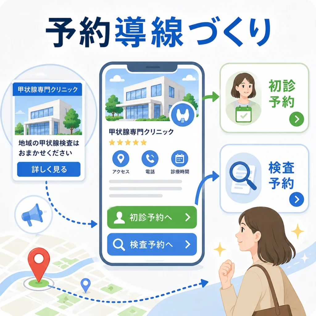 広告を見た患者が初診予約と検査予約へ迷わず進める導線設計を示すイラスト