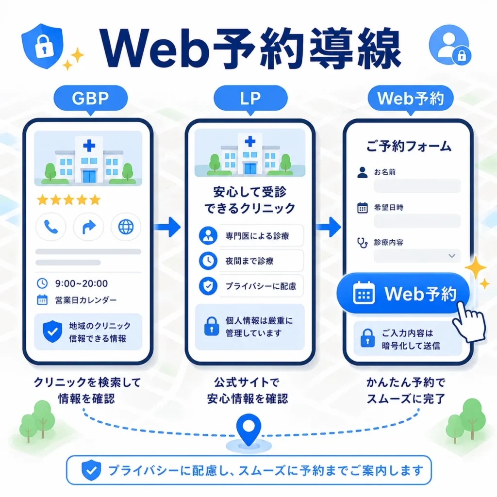 GBPからLP、Web予約フォームまで迷わず進める泌尿器科・性病クリニックの予約導線を示すイラスト