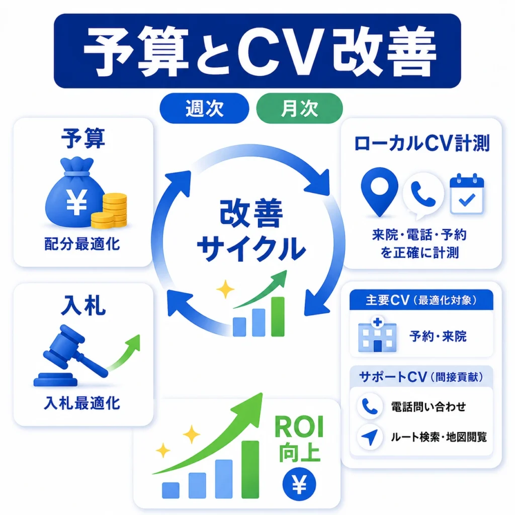 広告予算・入札・ローカルCV計測を週次月次で見直す改善サイクルを示すイラスト