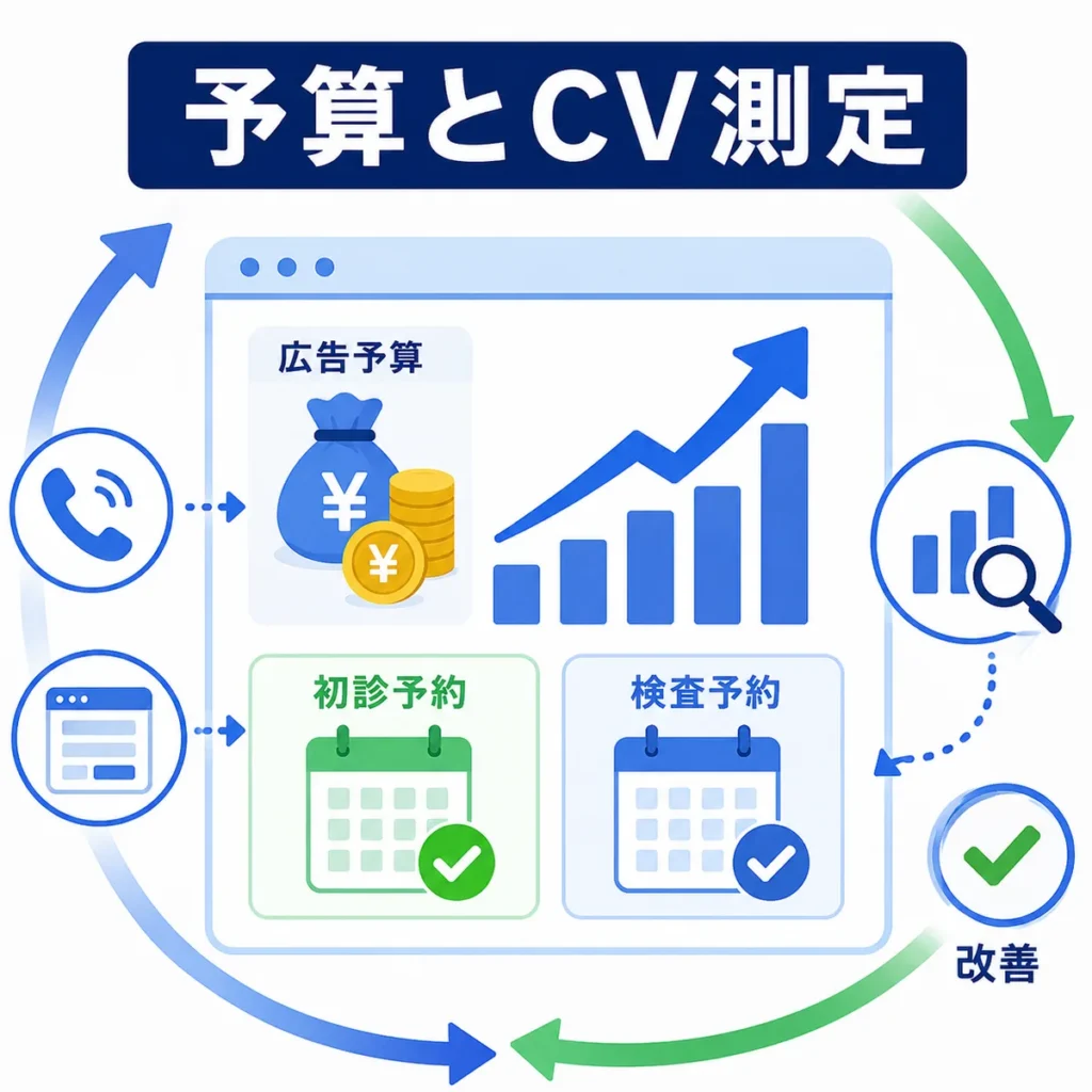 広告予算と初診予約・検査予約のCV測定をダッシュボードで管理する様子を示すイラスト