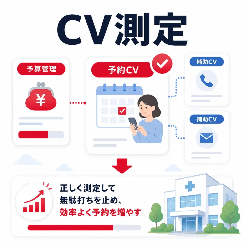広告予算管理と予約CV・補助CVの測定で無駄打ちを防ぐイラスト