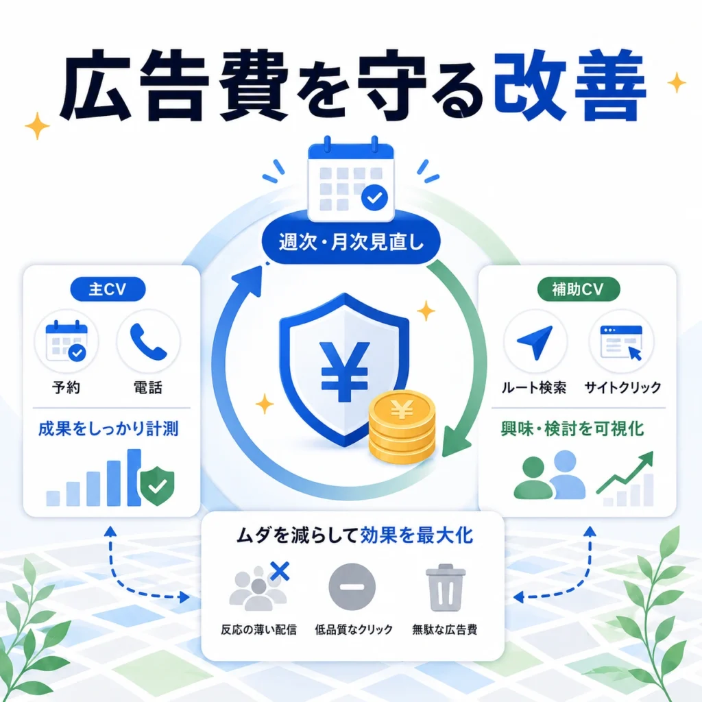 主CVと補助CVを分けて広告費を守り週次・月次で改善するサイクルのイラスト