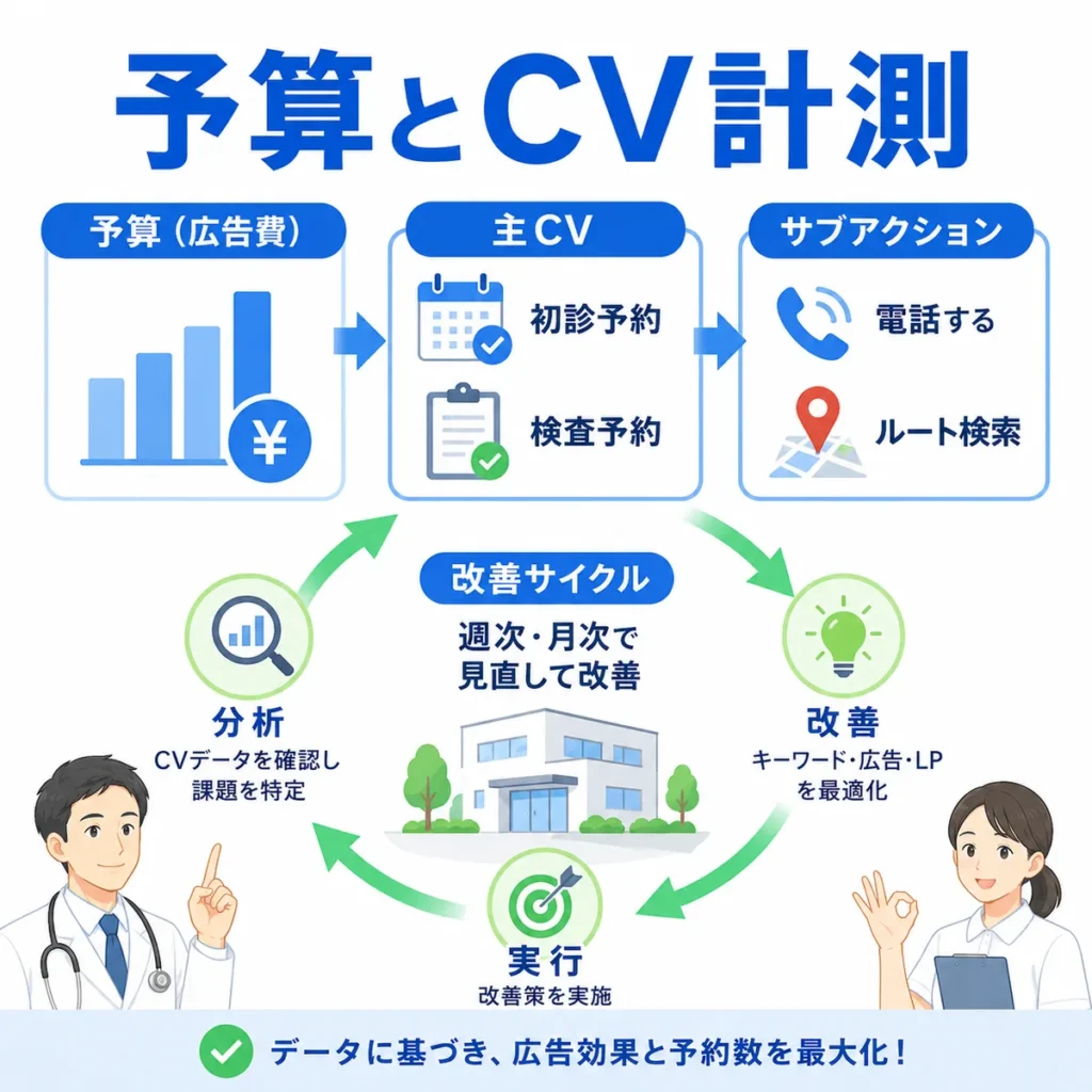 脳神経内科クリニックの広告予算と初診予約・検査予約などのローカルCV計測による改善サイクルを示すイラスト