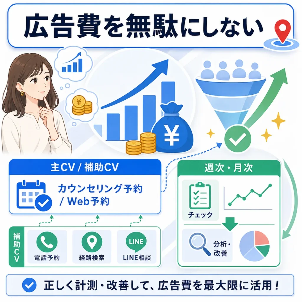 美容皮膚科の広告予算を無駄にしないために主CVと補助CVを分けて週次・月次で改善する流れを示すイラスト