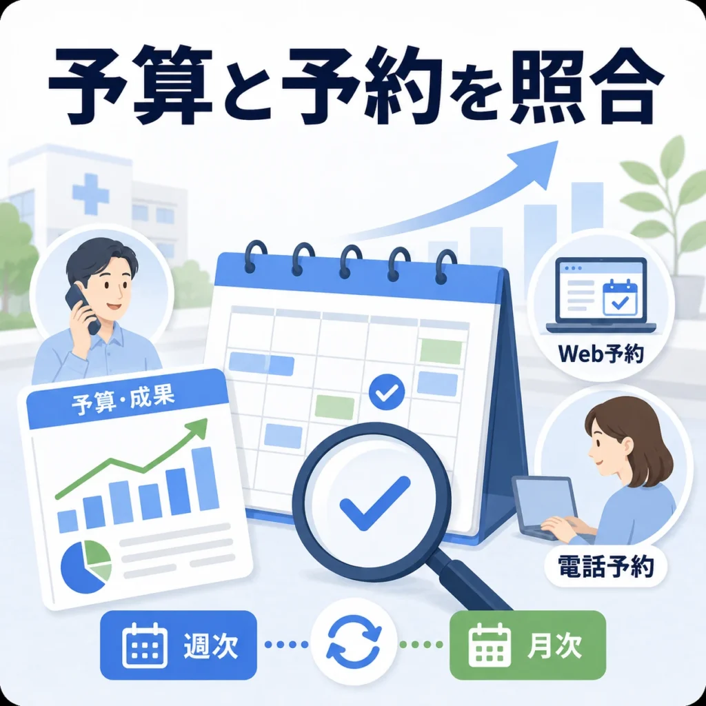 ローカル広告の予算や成果を予約台帳と照合して改善する流れを示すイラスト