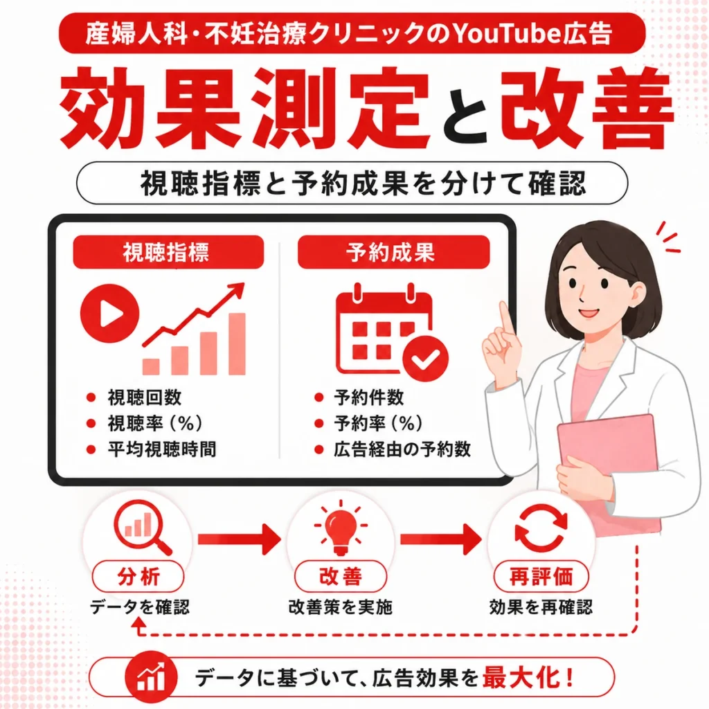 視聴指標と予約成果を分けてYouTube広告を効果測定・改善する流れを示すイラスト