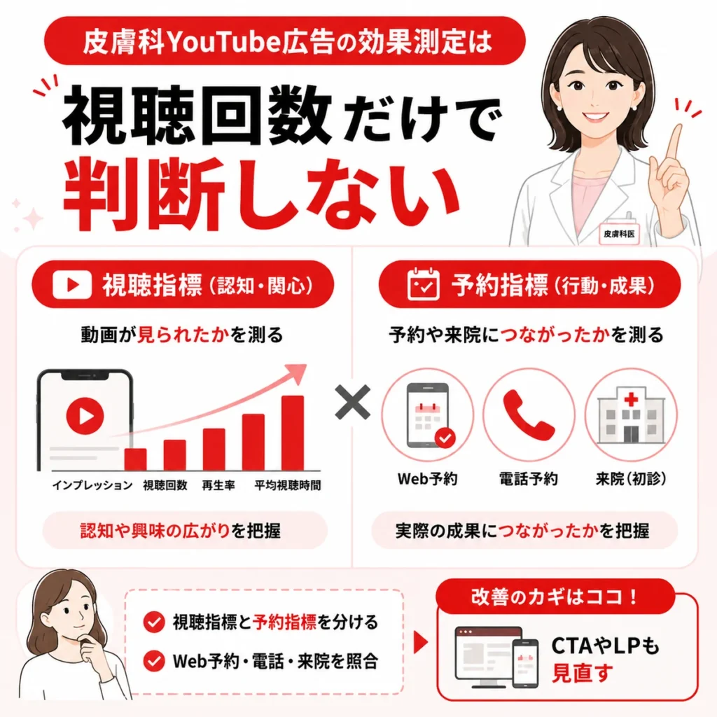 皮膚科YouTube広告の効果測定で視聴回数と予約成果を分けて確認するイラスト