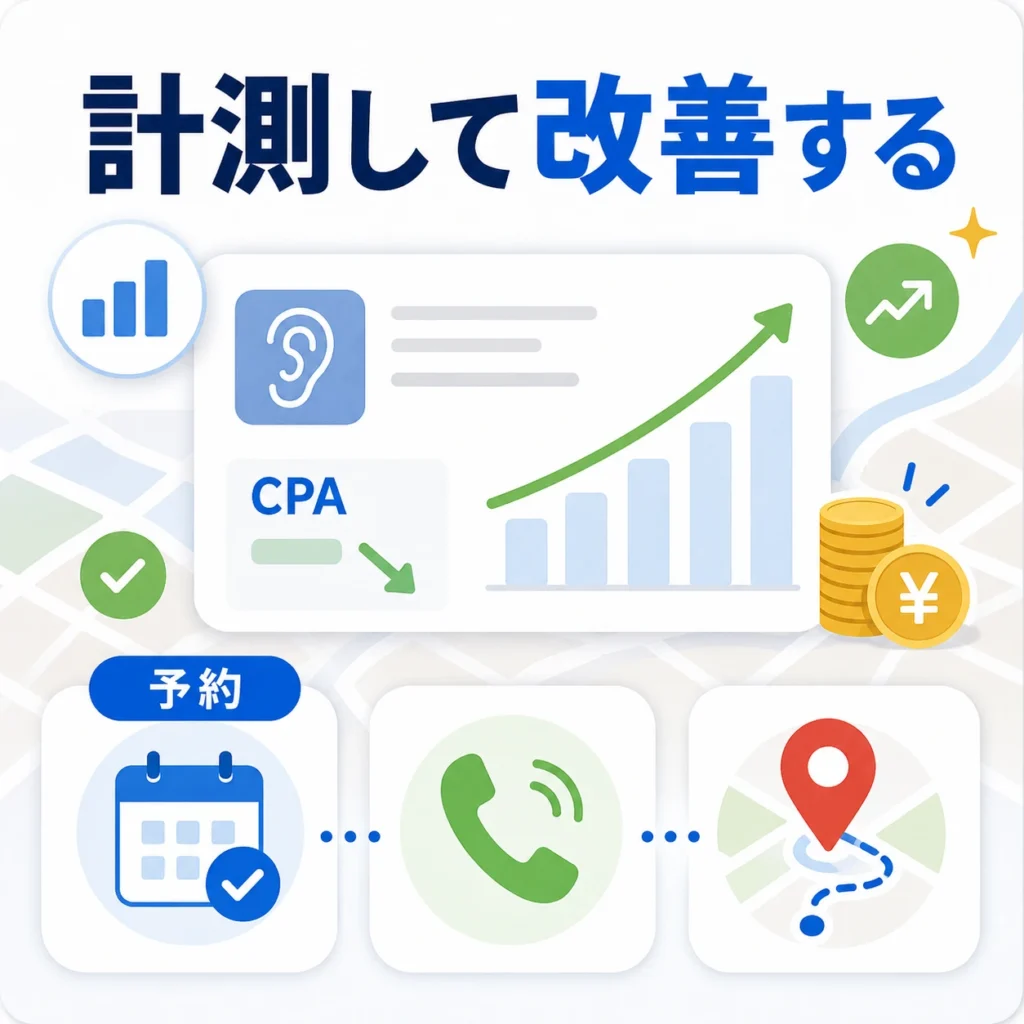 予約や電話、経路検索を計測して広告費の無駄を減らす改善ダッシュボードのイラスト