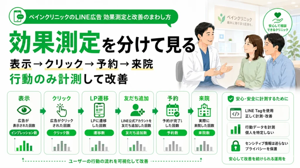 LINE広告の表示からクリック、予約、来院までを分けて効果測定し改善する流れを示すイラスト