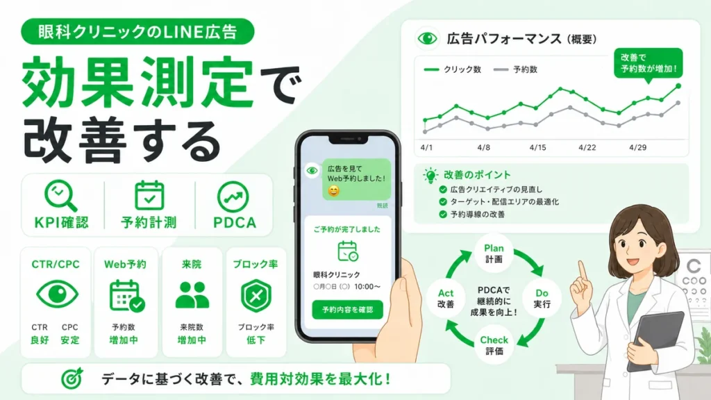 眼科クリニックのLINE広告をKPI確認、予約計測、PDCAで効果測定し改善する流れを示すイラスト