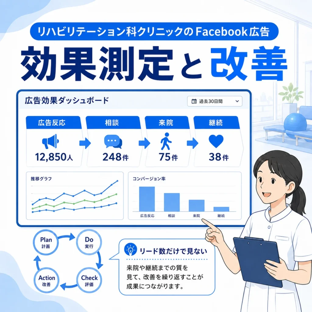 リハビリテーション科クリニックのFacebook広告効果測定と改善をダッシュボードで示すイラスト