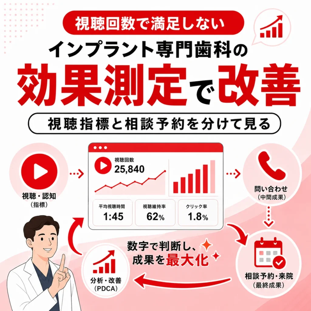視聴回数だけでなく相談予約や来院につながる効果測定と改善を示すイラスト