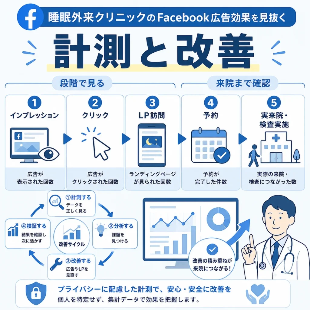 睡眠外来クリニックのFacebook広告効果を段階的に計測し改善する流れを示すイラスト