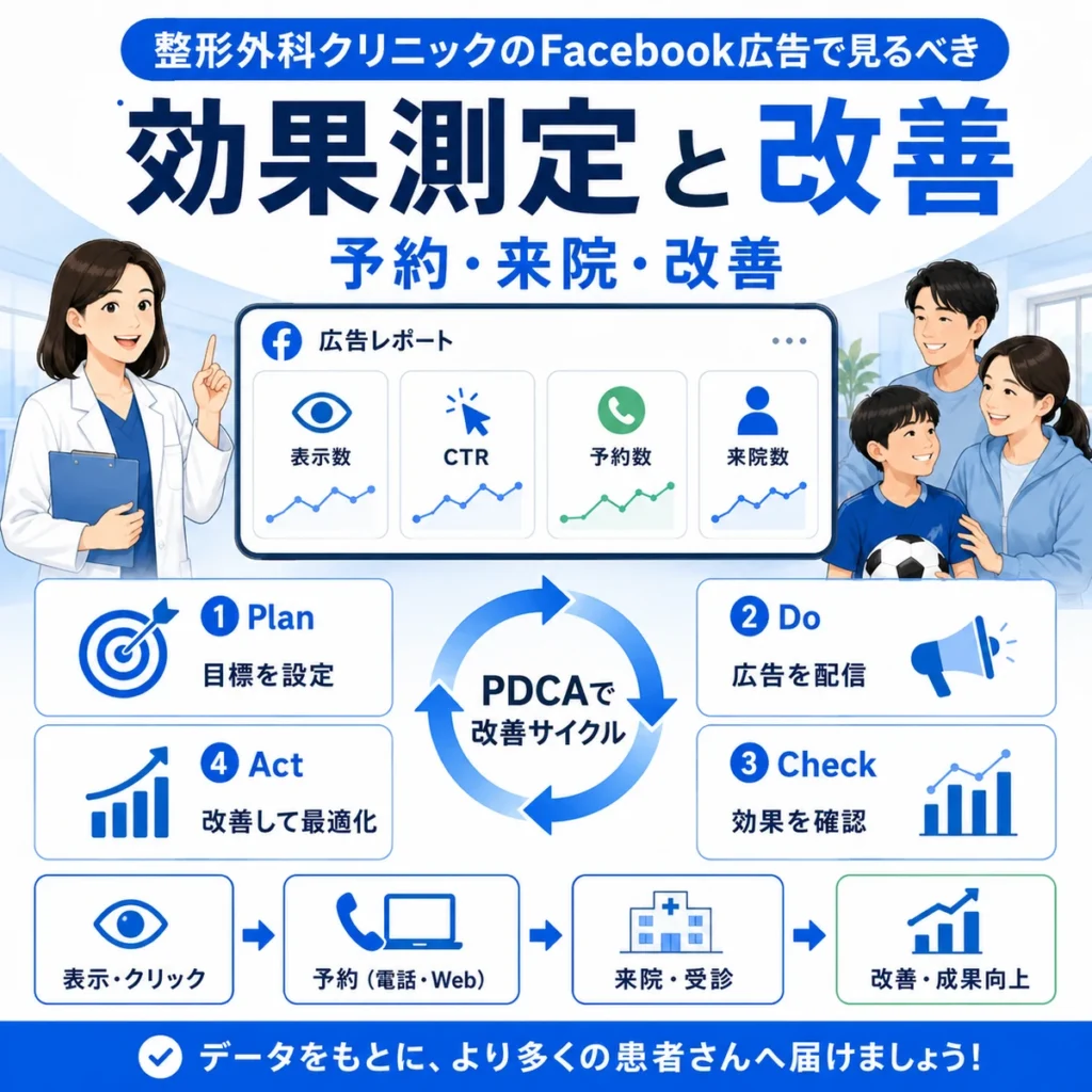 整形外科クリニックのFacebook広告で予約や来院を見ながら効果測定と改善を行う流れを示すイラスト
