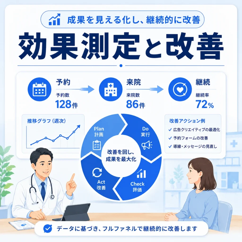 初診予約や来院を軸にしたFacebook広告の効果測定と改善サイクルを示すイラスト