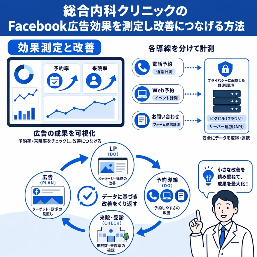 Facebook広告の予約率や来院率を測定し改善につなげる方法を示すイラスト
